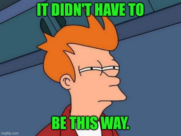 Futurama Fry Meme | IT DIDN'T HAVE TO BE THIS WAY. | image tagged in memes,futurama fry | made w/ Imgflip meme maker