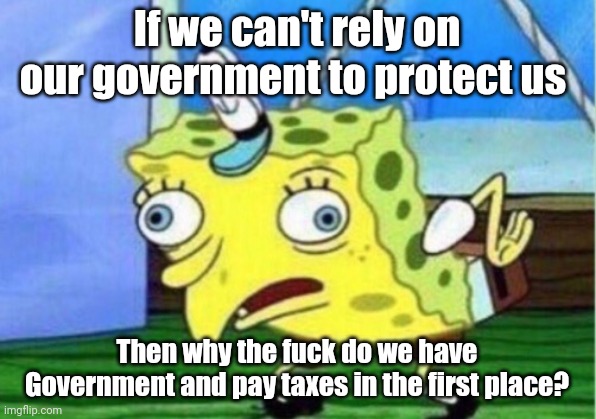 Mocking Spongebob Meme | If we can't rely on our government to protect us Then why the f**k do we have Government and pay taxes in the first place? | image tagged in memes,mocking spongebob | made w/ Imgflip meme maker
