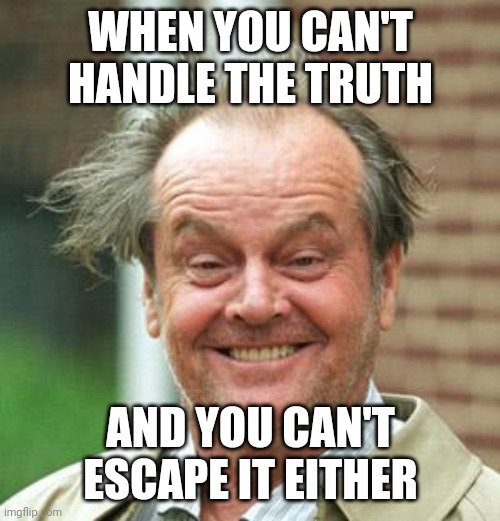 Jack Nicholson Crazy Hair | WHEN YOU CAN'T HANDLE THE TRUTH AND YOU CAN'T ESCAPE IT EITHER | image tagged in jack nicholson crazy hair | made w/ Imgflip meme maker