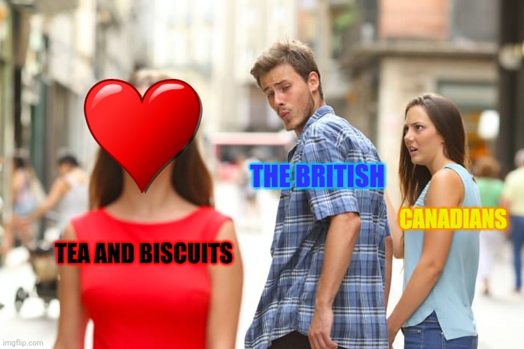 Distracted Boyfriend Meme | THE BRITISH; CANADIANS; TEA AND BISCUITS | image tagged in memes,distracted boyfriend | made w/ Imgflip meme maker