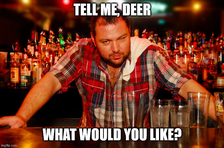 annoyed bartender | TELL ME, DEER WHAT WOULD YOU LIKE? | image tagged in annoyed bartender | made w/ Imgflip meme maker