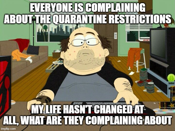 PC Gamer | EVERYONE IS COMPLAINING ABOUT THE QUARANTINE RESTRICTIONS; MY LIFE HASN'T CHANGED AT ALL, WHAT ARE THEY COMPLAINING ABOUT | image tagged in pc gamer,memes | made w/ Imgflip meme maker