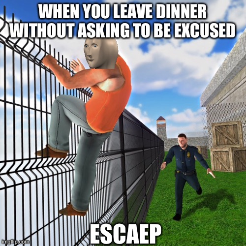 yes. | WHEN YOU LEAVE DINNER WITHOUT ASKING TO BE EXCUSED; ESCAEP | image tagged in meme man esceap | made w/ Imgflip meme maker