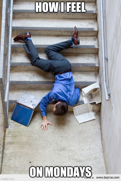 Guy Falling Down Stairs | HOW I FEEL; ON MONDAYS | image tagged in guy falling down stairs | made w/ Imgflip meme maker
