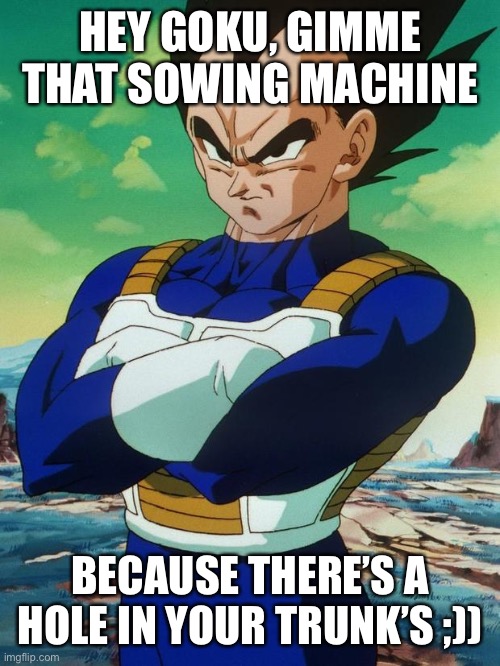Vegeta | HEY GOKU, GIMME THAT SOWING MACHINE; BECAUSE THERE’S A HOLE IN YOUR TRUNK’S ;)) | image tagged in vegeta | made w/ Imgflip meme maker