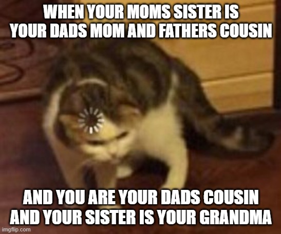 Loading cat | WHEN YOUR MOMS SISTER IS YOUR DADS MOM AND FATHERS COUSIN; AND YOU ARE YOUR DADS COUSIN AND YOUR SISTER IS YOUR GRANDMA | image tagged in loading cat | made w/ Imgflip meme maker