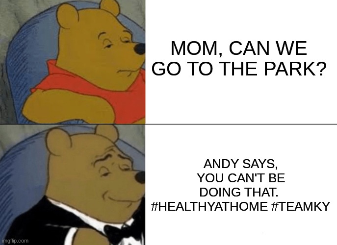 Tuxedo Winnie The Pooh Meme | MOM, CAN WE GO TO THE PARK? ANDY SAYS, YOU CAN'T BE DOING THAT.  #HEALTHYATHOME #TEAMKY | image tagged in memes,tuxedo winnie the pooh | made w/ Imgflip meme maker