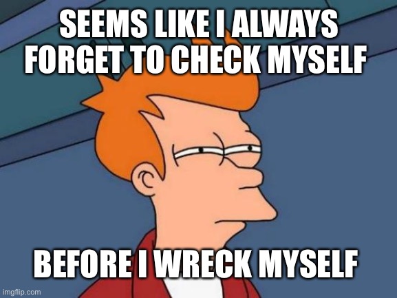 Check Yourself Before You Wreck Yourself | SEEMS LIKE I ALWAYS FORGET TO CHECK MYSELF; BEFORE I WRECK MYSELF | image tagged in memes,futurama fry | made w/ Imgflip meme maker