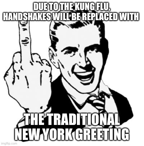 Bonus: you can greet two people at once! | DUE TO THE KUNG FLU, HANDSHAKES WILL BE REPLACED WITH; THE TRADITIONAL NEW YORK GREETING | image tagged in 1950s middle finger,funny memes,coronavirus,new york city,kittens | made w/ Imgflip meme maker