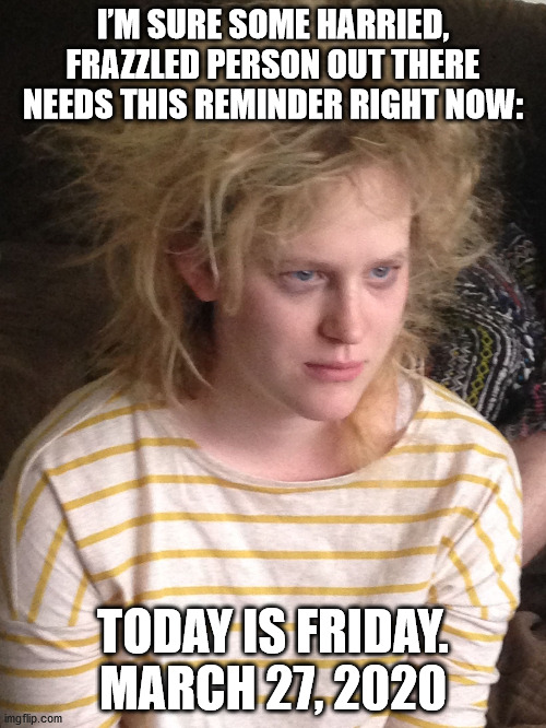 Home again, home again... | I’M SURE SOME HARRIED, FRAZZLED PERSON OUT THERE NEEDS THIS REMINDER RIGHT NOW:; TODAY IS FRIDAY.
MARCH 27, 2020 | image tagged in frazzled felicia | made w/ Imgflip meme maker