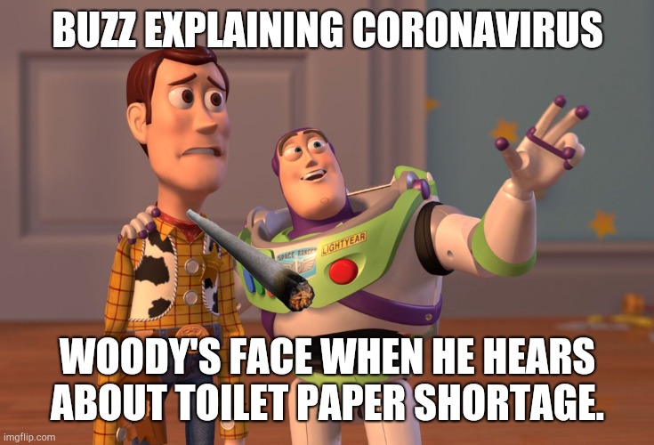 X, X Everywhere Meme | BUZZ EXPLAINING CORONAVIRUS; WOODY'S FACE WHEN HE HEARS ABOUT TOILET PAPER SHORTAGE. | image tagged in memes,x x everywhere | made w/ Imgflip meme maker