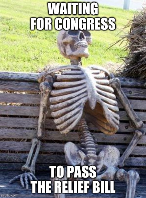 Waiting Skeleton | WAITING FOR CONGRESS; TO PASS THE RELIEF BILL | image tagged in memes,waiting skeleton | made w/ Imgflip meme maker