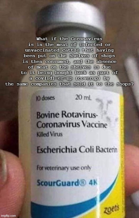 What if the Coronavirus is in the meat of infected or unvaccinated cattle ... | What if the Coronavirus is in the meat of infected or unvaccinated cattle that having been put on the shelves of shops is then consumed, and the absence of meat on the shelves is due to it being bought back as part of a cov(id)-er-up (coverup) by the same companies that sold it to the shops? | image tagged in coronavirus,meat,cattle,shops,companies,consumed | made w/ Imgflip meme maker