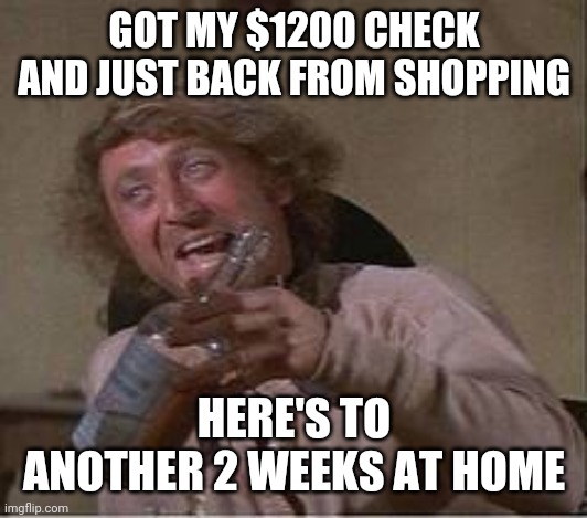 GOT MY $1200 CHECK AND JUST BACK FROM SHOPPING; HERE'S TO ANOTHER 2 WEEKS AT HOME | image tagged in coronavirus,check,booze | made w/ Imgflip meme maker