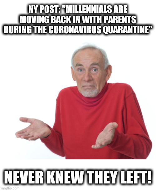 Oh, jeez... | NY POST: "MILLENNIALS ARE MOVING BACK IN WITH PARENTS DURING THE CORONAVIRUS QUARANTINE"; NEVER KNEW THEY LEFT! | image tagged in guess i'll die,memes,millennials,coronavirus | made w/ Imgflip meme maker