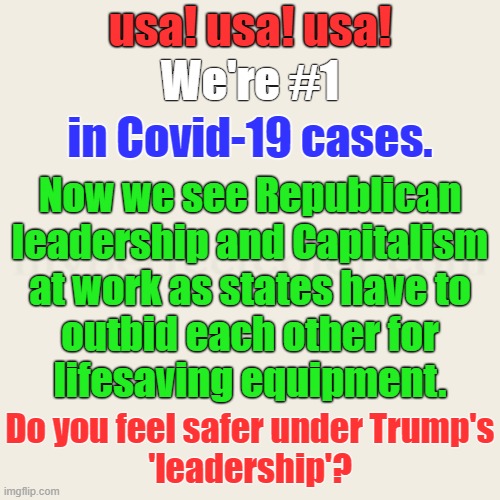 Competent leadership would've been nice, wouldn't it. | usa! usa! usa! We're #1; in Covid-19 cases. Now we see Republican
leadership and Capitalism
at work as states have to
outbid each other for
lifesaving equipment. Do you feel safer under Trump's
'leadership'? | image tagged in trump,incompetent,because capitalism,coronavirus,covid-19 | made w/ Imgflip meme maker