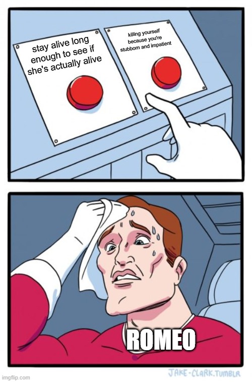 Two Buttons | killing yourself because you're stubborn and impatient; stay alive long enough to see if she's actually alive; ROMEO | image tagged in memes,two buttons | made w/ Imgflip meme maker