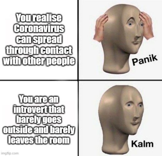 Introverts be healthy | You realise Coronavirus can spread through contact with other people; You are an introvert that barely goes outside and barely leaves the room | image tagged in panik kalm | made w/ Imgflip meme maker