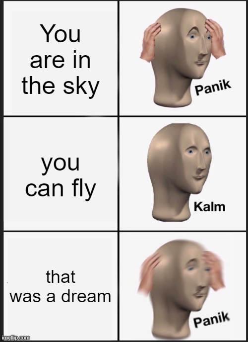 a meme by adhiraj gagain | You are in the sky; you can fly; that was a dream | image tagged in memes,panik kalm panik | made w/ Imgflip meme maker