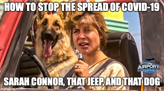 Sarah Connor Jeep Dog Terminator | HOW TO STOP THE SPREAD OF COVID-19; SARAH CONNOR, THAT JEEP, AND THAT DOG | image tagged in sarah connor jeep dog terminator | made w/ Imgflip meme maker