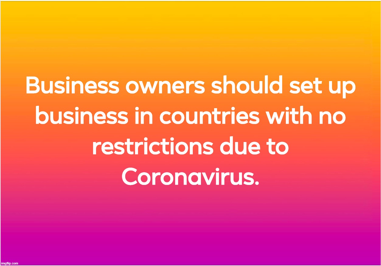 Business owners should set up business in countries with no restrictions due to Coronavirus. | image tagged in business,owners,countries,restrictions,coronavirus,covid-19 | made w/ Imgflip meme maker