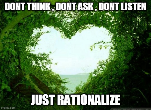 nature heart | DONT THINK , DONT ASK , DONT LISTEN; JUST RATIONALIZE | image tagged in nature heart | made w/ Imgflip meme maker