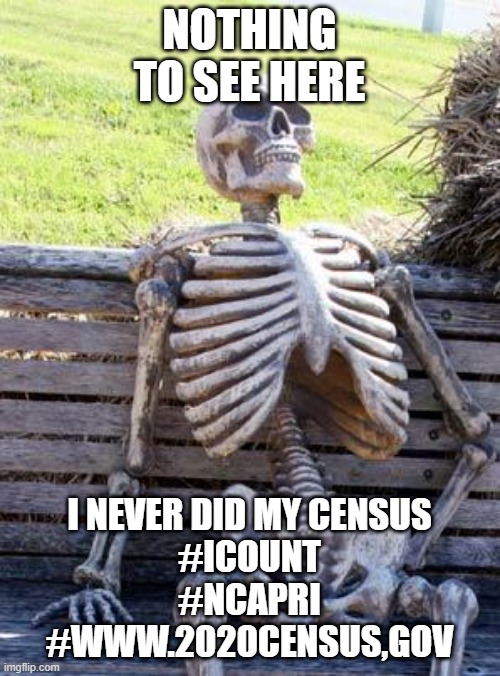 Waiting Skeleton | NOTHING TO SEE HERE; I NEVER DID MY CENSUS

#ICOUNT
#NCAPRI
#WWW.2020CENSUS,GOV | image tagged in memes,waiting skeleton | made w/ Imgflip meme maker