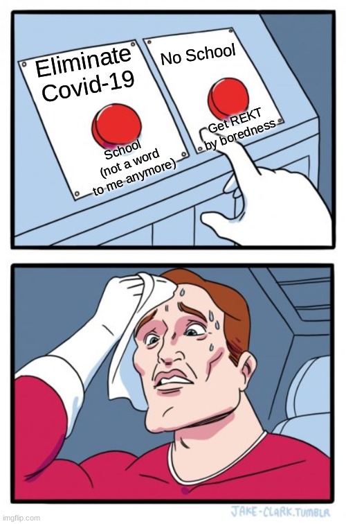 Two Buttons Meme | No School; Eliminate Covid-19; Get REKT by boredness; School 
(not a word to me anymore) | image tagged in memes,two buttons | made w/ Imgflip meme maker