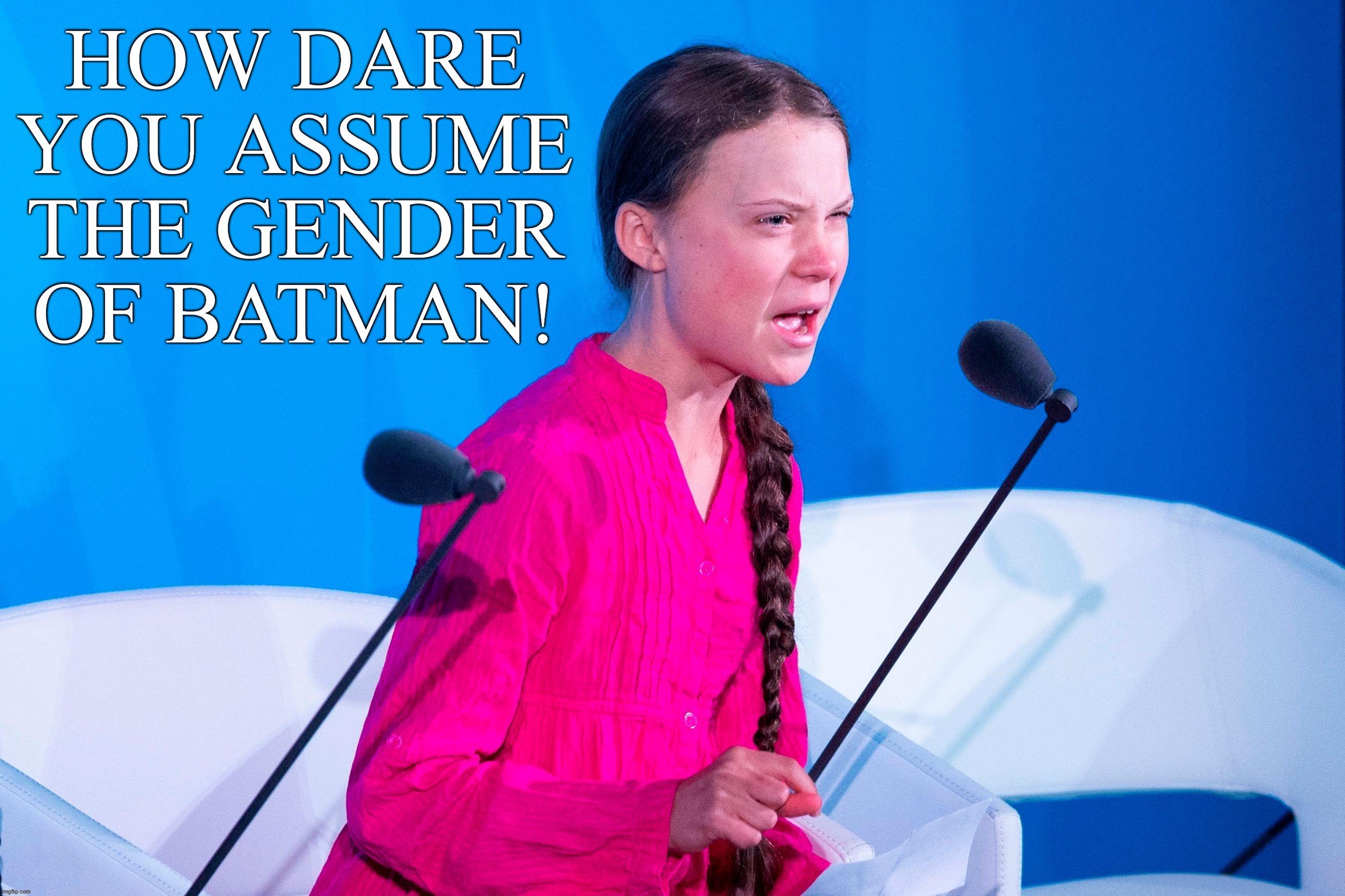 How Dare You Assume The Gender Of Batman! | image tagged in greta,thunberg,greta thunberg how dare you,did you just assume my gender,batman,gender | made w/ Imgflip meme maker