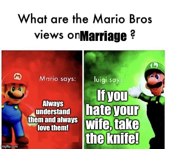 Mario Bros Views | Marriage; Always understand them and always love them! If you hate your wife, take the knife! | image tagged in mario bros views | made w/ Imgflip meme maker