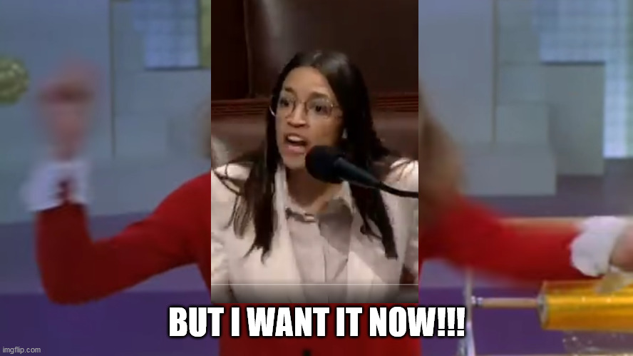 BUT I WANT IT NOW!!! | image tagged in aoc | made w/ Imgflip meme maker