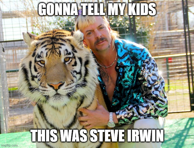  GONNA TELL MY KIDS; THIS WAS STEVE IRWIN | image tagged in tiger king,joe exotic,steve irwin,steve irwin crocodile hunter | made w/ Imgflip meme maker