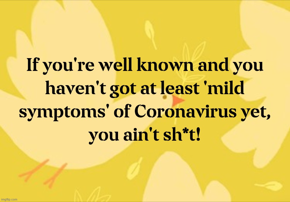 If you're well known and you haven't got at least 'mild symptoms' of Coronavirus yet, you ain't sh*t! | image tagged in coronavirus,mild,symptoms,popular,pop | made w/ Imgflip meme maker