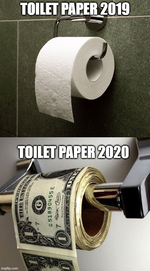 Money Toilet Paper | TOILET PAPER 2019; TOILET PAPER 2020 | image tagged in toilet paper roll,inflation,no more toilet paper,federal reserve | made w/ Imgflip meme maker
