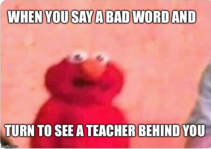 Sickened elmo | WHEN YOU SAY A BAD WORD AND; TURN TO SEE A TEACHER BEHIND YOU | image tagged in sickened elmo | made w/ Imgflip meme maker