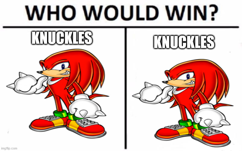 Who Would Win? Meme | KNUCKLES; KNUCKLES | image tagged in memes,who would win,SonicTheHedgehog | made w/ Imgflip meme maker