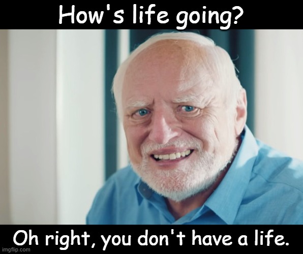 That's allright | How's life going? Oh right, you don't have a life. | image tagged in burn,roasted,lmao,harold | made w/ Imgflip meme maker