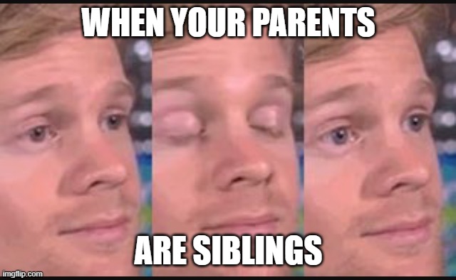 siblings? | WHEN YOUR PARENTS; ARE SIBLINGS | image tagged in blinking guy | made w/ Imgflip meme maker