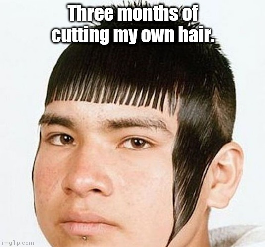 Bad Haircut | Three months of cutting my own hair. | image tagged in bad haircut | made w/ Imgflip meme maker
