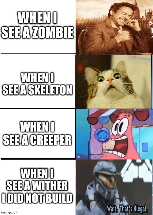 Expanding Brain Meme | WHEN I SEE A ZOMBIE; WHEN I SEE A SKELETON; WHEN I SEE A CREEPER; WHEN I SEE A WITHER I DID NOT BUILD | image tagged in memes,expanding brain | made w/ Imgflip meme maker