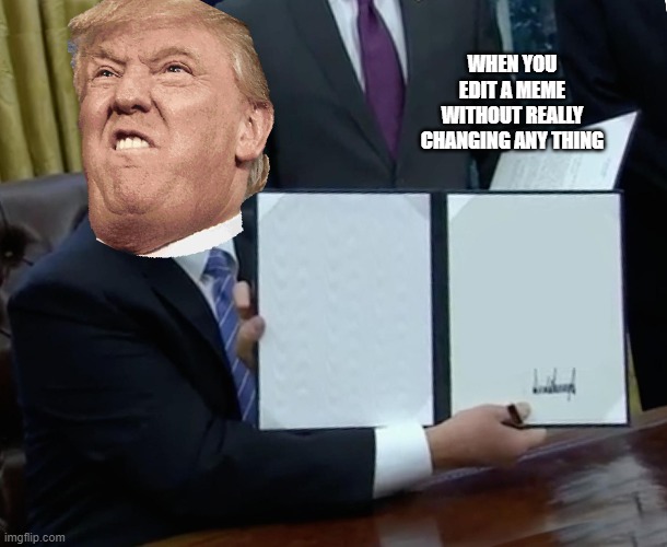 Trump Bill Signing | WHEN YOU EDIT A MEME WITHOUT REALLY CHANGING ANY THING | image tagged in memes,trump bill signing | made w/ Imgflip meme maker