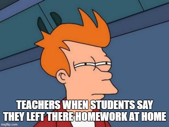 Futurama Fry | TEACHERS WHEN STUDENTS SAY THEY LEFT THERE HOMEWORK AT HOME | image tagged in memes,futurama fry | made w/ Imgflip meme maker