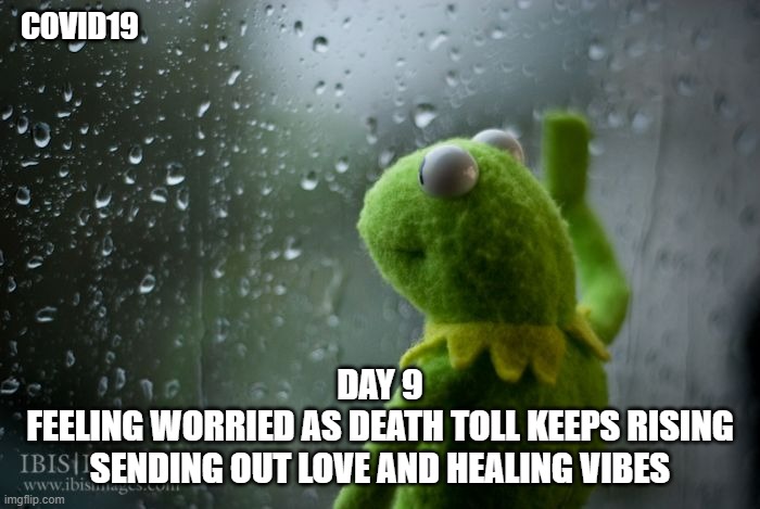kermit window | COVID19; DAY 9
FEELING WORRIED AS DEATH TOLL KEEPS RISING
SENDING OUT LOVE AND HEALING VIBES | image tagged in kermit window | made w/ Imgflip meme maker