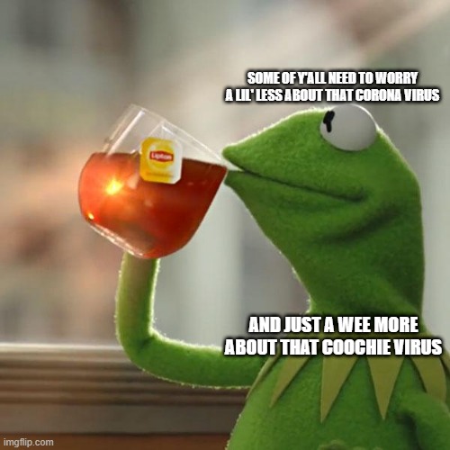 But That's None Of My Business Meme | SOME OF Y'ALL NEED TO WORRY A LIL' LESS ABOUT THAT CORONA VIRUS; AND JUST A WEE MORE ABOUT THAT COOCHIE VIRUS | image tagged in memes,but thats none of my business,kermit the frog | made w/ Imgflip meme maker