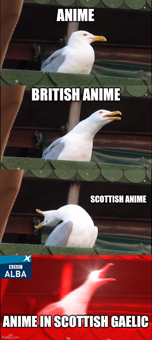Scottish Gaelic Anime | ANIME; BRITISH ANIME; SCOTTISH ANIME; ANIME IN SCOTTISH GAELIC | image tagged in memes,inhaling seagull,scotland,bbc alba memes | made w/ Imgflip meme maker
