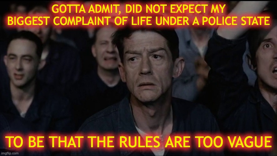 Didn't see that one coming... | GOTTA ADMIT, DID NOT EXPECT MY BIGGEST COMPLAINT OF LIFE UNDER A POLICE STATE; TO BE THAT THE RULES ARE TOO VAGUE | image tagged in 1984 | made w/ Imgflip meme maker