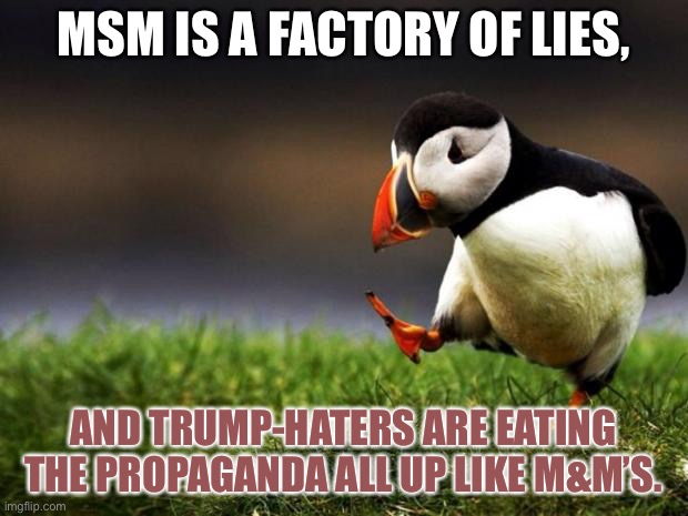 MSM M&M’s | MSM IS A FACTORY OF LIES, AND TRUMP-HATERS ARE EATING THE PROPAGANDA ALL UP LIKE M&M’S. | image tagged in memes,unpopular opinion puffin,candy,media,fake news,donald trump | made w/ Imgflip meme maker