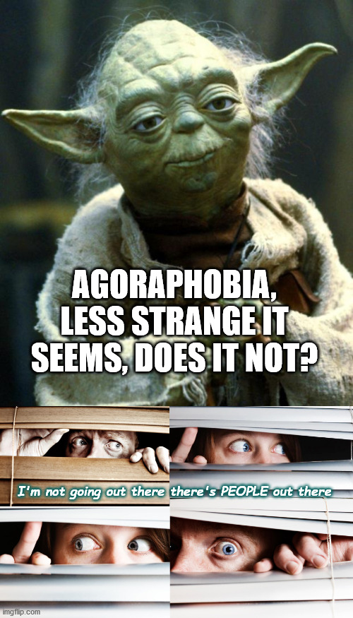 Yoda on Covid-19 | AGORAPHOBIA, LESS STRANGE IT SEEMS, DOES IT NOT? I'm not going out there there's PEOPLE out there | image tagged in memes,star wars yoda,coronavirus,agoraphobia,stayathome | made w/ Imgflip meme maker