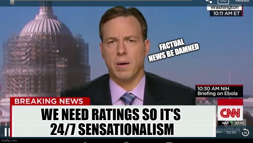cnn breaking news template | FACTUAL NEWS BE DAMNED WE NEED RATINGS SO IT'S 
24/7 SENSATIONALISM | image tagged in cnn breaking news template | made w/ Imgflip meme maker