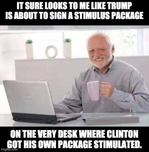 Harold | IT SURE LOOKS TO ME LIKE TRUMP IS ABOUT TO SIGN A STIMULUS PACKAGE; ON THE VERY DESK WHERE CLINTON GOT HIS OWN PACKAGE STIMULATED. | image tagged in harold | made w/ Imgflip meme maker
